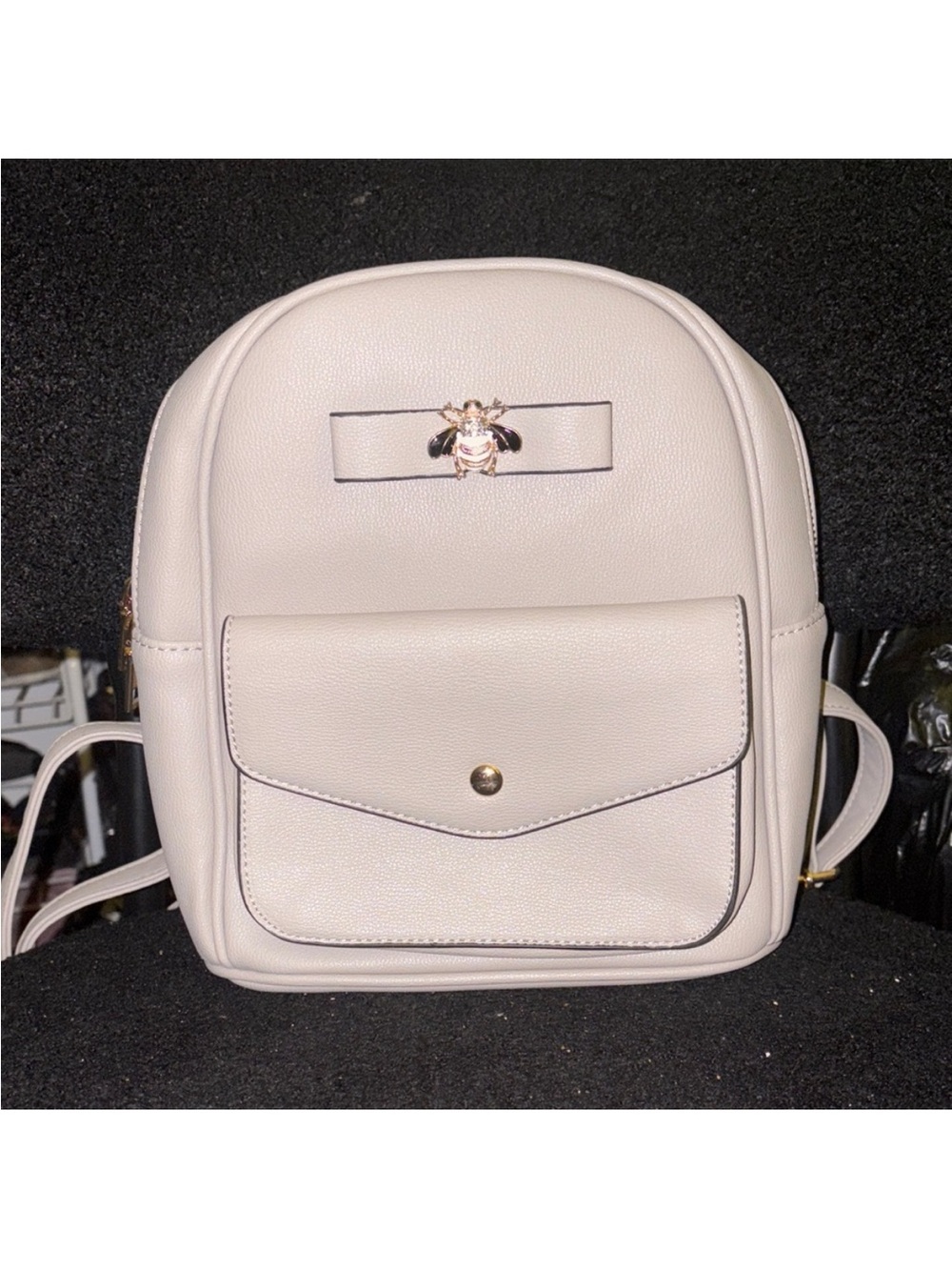 Compact Cream Mini Backpack with Bee Detail Rhinestone